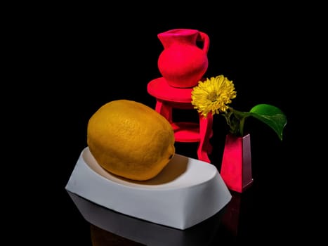 Creative still life with lemon taking a bath on a black background