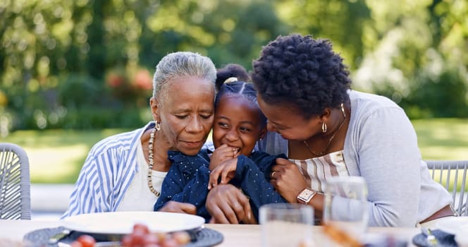 Grandmother, mother and daughter for hug in garden, smile and lunch for relax together with love. Black people, women and child as happy family, gratitude and care bonding for brunch table in park.