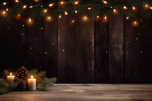 Merry Christmas and Happy New Year background with empty wooden table over Christmas tree and blurred light bokeh. Empty display for product placement. Rustic vintage Xmas 2024 background. comeliness