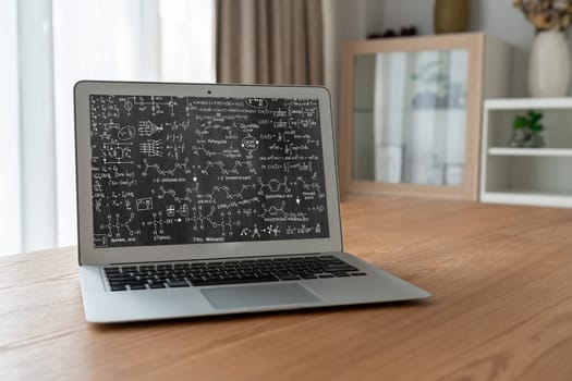 Mathematic equations and modish formula on computer screen showing concept of science and education