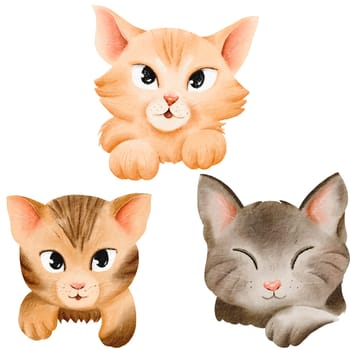 A set of cute cartoon funny cats. Striped fluffy pets, gentle and cute faces and different emotions. Big ears and eyes. Isolated watercolor elements. For textiles, postcards, books, clothes, stickers.