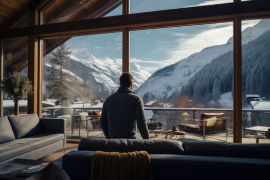 Traveler enjoying weekends inside contemporary barn house in the mountains. Happy tourist looking through panoramic windows in new cottage. comeliness