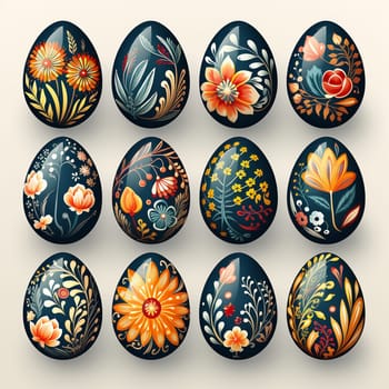 Artistic Easter eggs. Watercolor Easter eggs set, colored and ornate by decorative flowers, dots, stripes in colorful colors. water paint hand drawn egg bundle collection. Happy Easter spring flowers