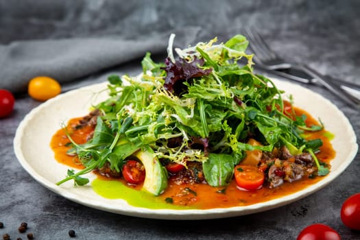 warm Asian salad with horse meat and herbs