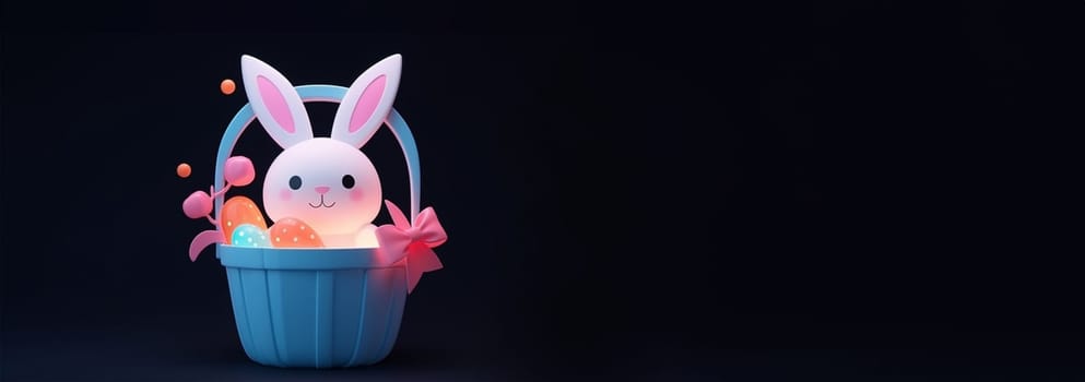 Cute Little Easter bunny with decorated Easter eggs on the grass. Glowing neon lights and dark background. Futuristic technology concept in dark and blue light. illustration Copy space. Happy Easter deign Space for text