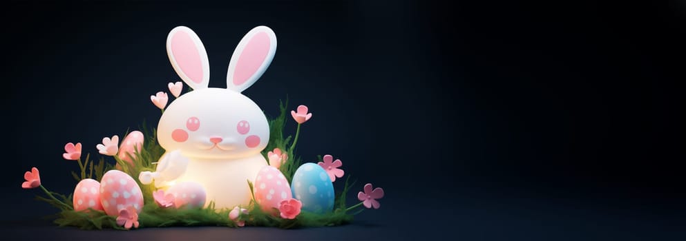 Cute Little Easter bunny with decorated Easter eggs on the grass. Glowing neon lights and dark background. Futuristic technology concept in dark and blue light. illustration Copy space. Happy Easter deign Space for text