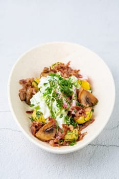 salad with potatoes, rice, meat and green onions