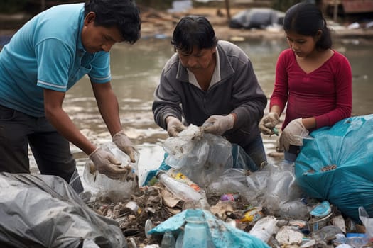 People sorting garbage, paper and organics for recycling.