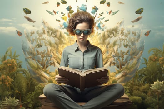 A girl reads a book about self-discovery and growth