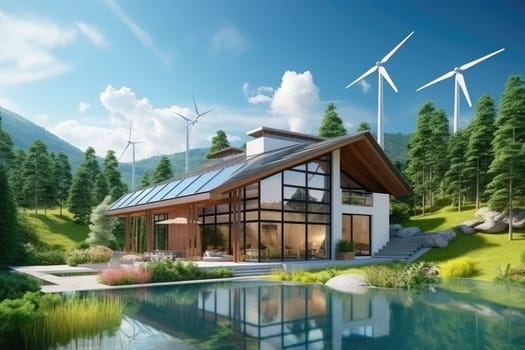 Ecological house or green building building surrounded by nature, with solar panels or wind turbines.