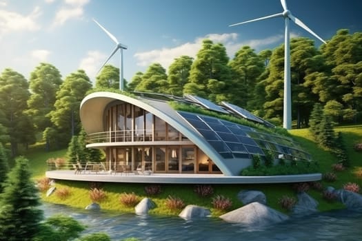 Ecological house or green building building surrounded by nature, with solar panels or wind turbines.