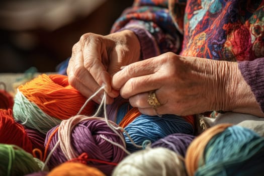 Female hands with balls of colorful threads. Close-up