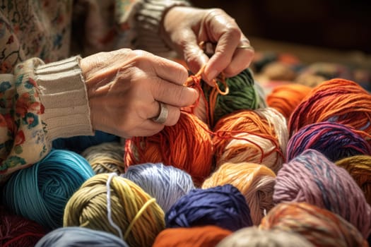 Female hands with balls of colorful threads. Close-up