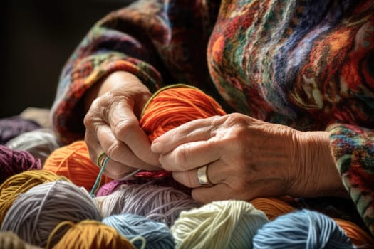 Female hands with balls of colorful threads. Close-up