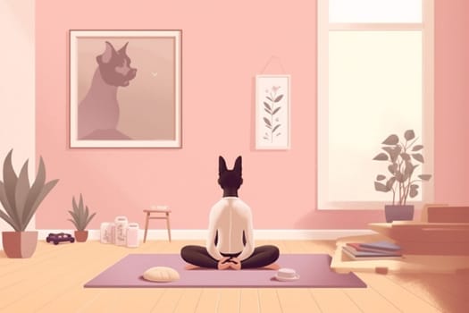 dog woman body sport fitness mat yoga posture exercise training character practice wellness position home cartoon lifestyle workout healthy activity zen. Generative AI.