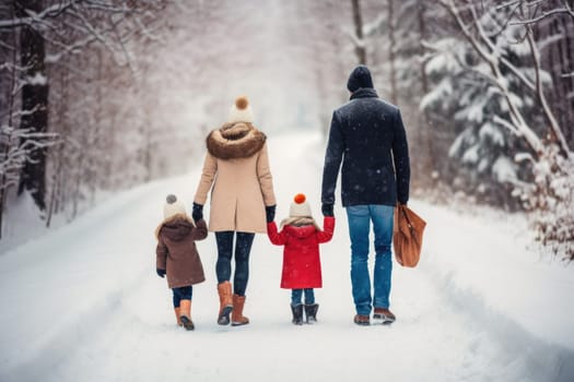 Happy family Father, mother and children are having fun and playing on snowy winter walk in nature. comeliness