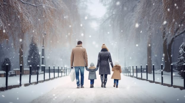 Happy family Father, mother and children are having fun and playing on snowy winter walk in nature. comeliness