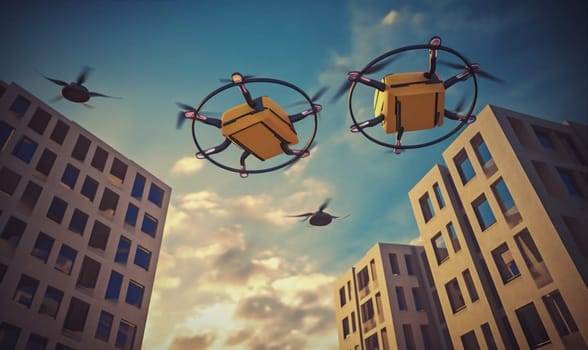 air speed cardboard fast helicopter express future delivery technology blue background fly aircraft parcel package concept drone cargo business wireless blue. Generative AI.