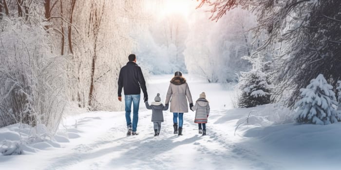 Happy family Father, mother and children are having fun and playing on snowy winter walk in nature. comeliness