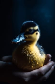 yellow baby happy duck cute green close-up pet animal bird child adorable farm duckling girl soft hand life childhood little. Generative AI.
