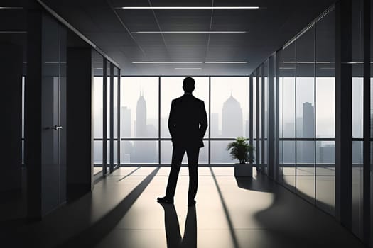 Silhouette of a businessman standing in an office with a city view.Silhouette of businessman standing in modern office and looking at city.