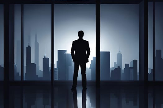 Silhouette of a businessman standing in an office with a city view.Silhouette of businessman standing in modern office and looking at city.