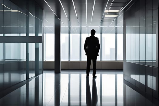 Silhouette of a businessman standing in an office with a city view.Silhouette of businessman standing in modern office and looking at city.