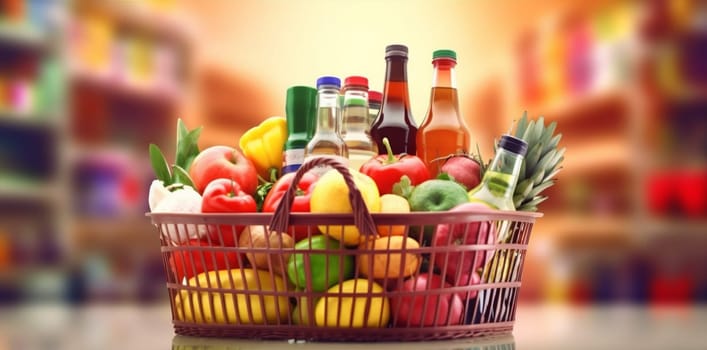 retail basket sale consumerism grocery client shop food merchandise buying store supermarket buy background delivery shopping variety eco product market. Generative AI.