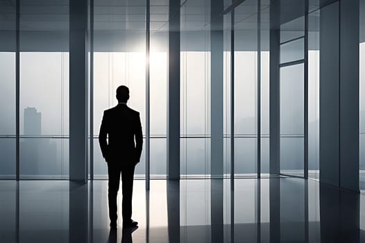 Silhouette of a businessman standing in an office with a city view.Silhouette of businessman standing in modern office and looking at city.