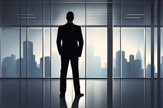 Silhouette of a businessman standing in an office with a city view.Silhouette of businessman standing in modern office and looking at city.