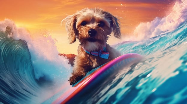 summer dog sand sunglasses trendy puppy surfboard animal funny surfer pet illustration fun vacation shades wave retro sun beach ocean. Generative AI.