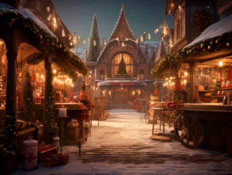 Christmas market in the evening, illuminated by lights. High quality illustration