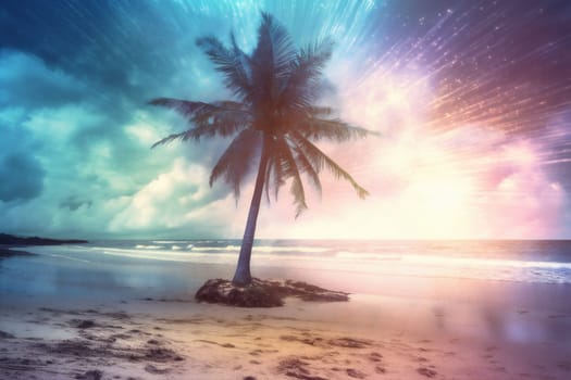 sunrise coast paradise beach sky palm sea exotic island sunset dusk vacation caribbean landscape scenic evening seascape tree ocean sun. Generative AI.