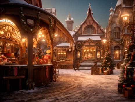 Christmas market in the evening, illuminated by lights. High quality illustration
