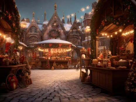 Christmas market in the evening, illuminated by lights. High quality illustration