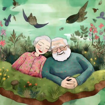 man woman love happiness happy bed rest grandparent asleep female lying retired senior person couple adult grandfather romantic retirement together sleep old. Generative AI.