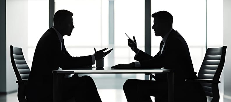 Silhouette of two businessmen sitting at the table in the office.Businessmen talking in modern office.