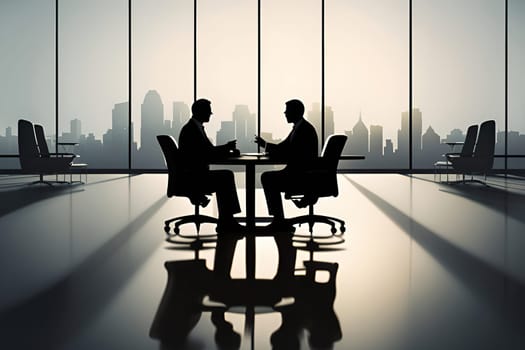 Silhouette of two businessmen sitting at the table in the office.Businessmen talking in modern office.