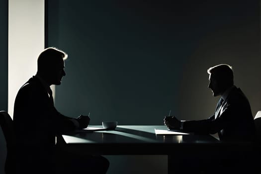 Silhouette of two businessmen sitting at the table in the office.Businessmen talking in modern office.