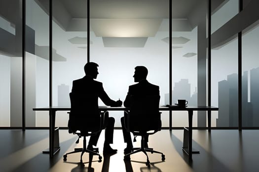 Silhouette of two businessmen sitting at the table in the office.Businessmen talking in modern office.