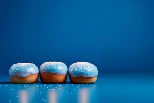 Hanukkah donuts with powdered sugar on a blue background. The concept and background of the Jewish holiday of Hanukkah. A place to copy. High quality photo