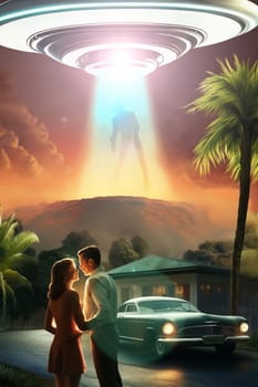 Science fiction poster, Couple and Ufo concept. Ai Generated.