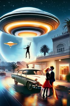 Science fiction poster, Couple and Ufo concept. Ai Generated.