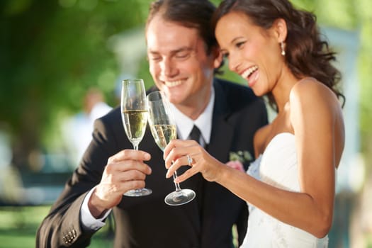 Outdoor, champagne and bride with groom, hug and support with relationship, romance and celebration. Romantic, outside or man with woman, marriage or happiness with love, cheers or wedding with smile.