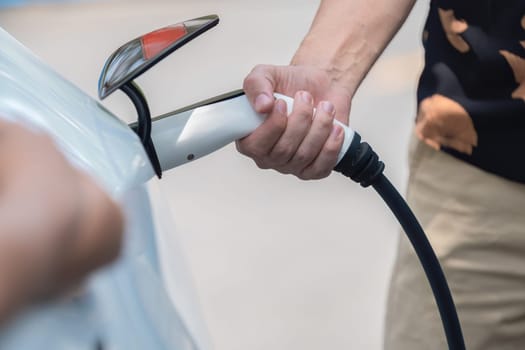 Hand insert EV charger plug into electric vehicle to recharge EV car battery from outdoor charging station. Fresh daylight environment with alternative clean and sustainable energy concept. Perpetual