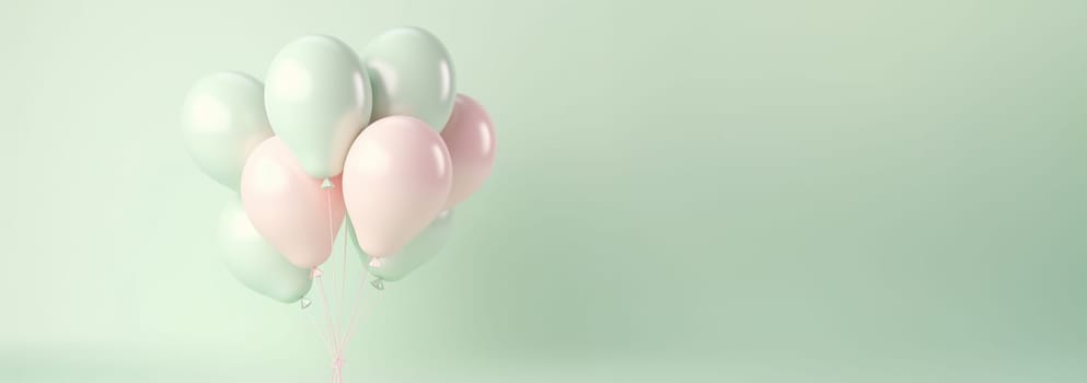 Green and pink pastel 3D balloons floating in pink green pastel background room studio. minimal idea creative concept. Copy space. Celebration,Festive Happy birthday concept Space for text