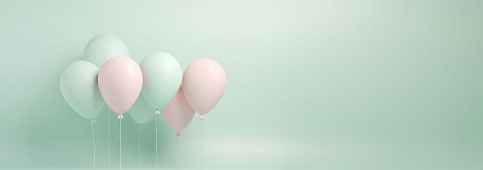 Green and pink pastel 3D balloons floating in pink green pastel background room studio. minimal idea creative concept. Copy space. Celebration,Festive Happy birthday concept Space for text