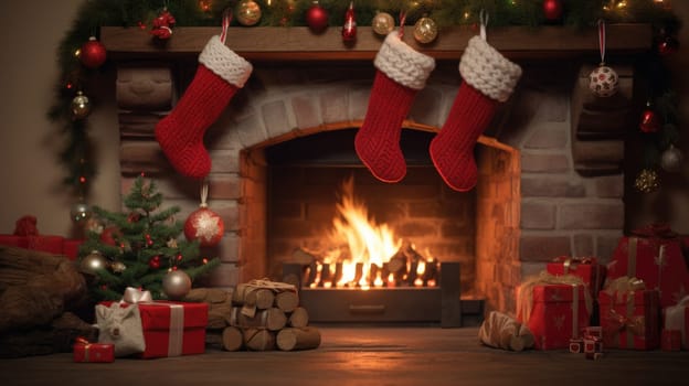 holiday fireplace with christmas tree xmas presents gift, ai