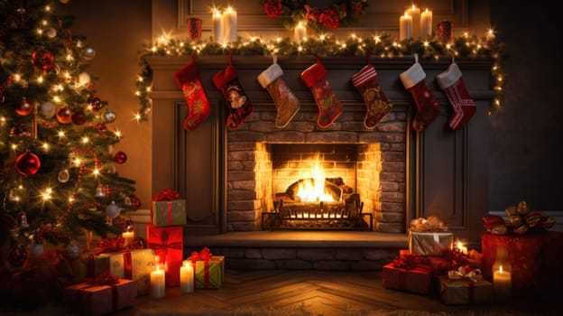 holiday fireplace with christmas tree xmas presents gift, ai