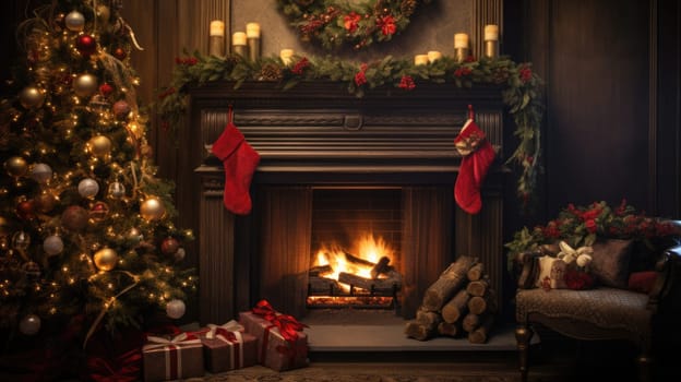 holiday fireplace with christmas tree xmas presents gift, ai